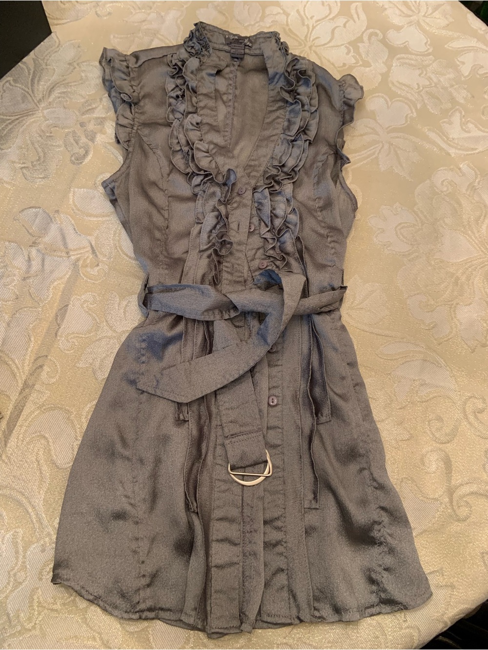 Ruffled V-Neck Belted Women's top - Gray